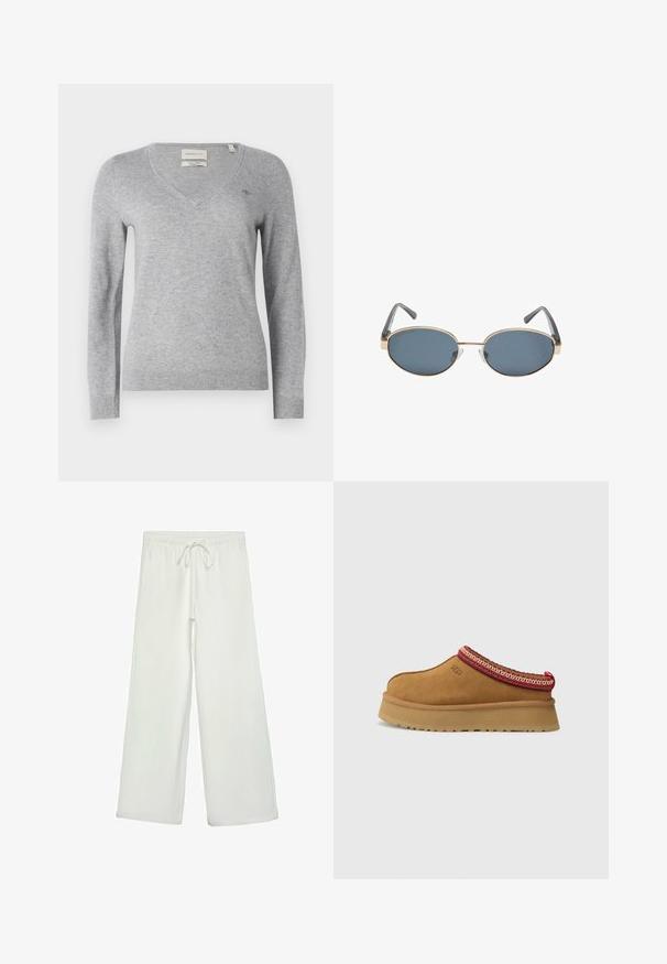 Beżowy krótki płaszcz trencz z podwójnym zapięciem na guziki, epauletami na ramionach i czarnymi guzikami. Miękka tkanina i dopasowany krój.; Szary sweter z dekoltem w serek, wykonany z miękkiej tkaniny, z długimi rękawami i małym logo na piersi. Żebrowane wykończenie u dołu i przy mankietach.; PULL&BEAR - Top; Białe spodnie o szerokich nogawkach wykonane z miękkiego materiału. Posiadają elastyczny pas ze sznurkiem i gładką teksturę. Brak widocznych wzorów lub elementów metalowych.; Brązowy zamszowy but wsuwany z czerwono-kremowym ozdobnym wykończeniem, teksturowaną podeszwą i logo UGG z boku. Posiada lekko podwyższone podłoże.; Owalne okulary przeciwsłoneczne z ciemnymi soczewkami, złotymi metalowymi oprawkami i szarymi zausznikami. Oprawki charakteryzują się minimalistycznym designem z delikatnym akcentem na moście.