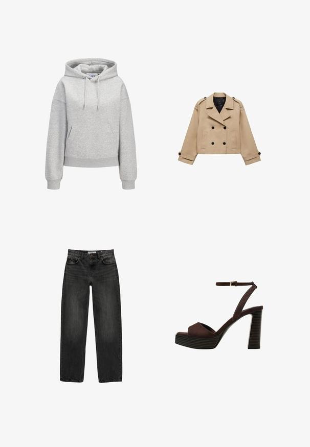 Krémový zkrácený trenčkot s dvouřadým zapínáním na knoflíky, ramenními epauletami a černými knoflíky. Měkká látka a přizpůsobený design.; Šedá mikina s kapucí vyrobená z měkkého strukturovaného materiálu, má přední kapsu, kapuci se stahovacími šňůrkami a malé vyšívané logo na hrudi.; Černé džíny z denimu se uvolněným střihem, rovnými nohavicemi, pětikaškovým designem a lehce vybledlým vzhledem. Zapínání na knoflík a zip v přední části.; Hnědé semišové sandály na vysokém podpatku s otevřenou špičkou, nastavitelným páskem kolem kotníku a proužkovou platformou.