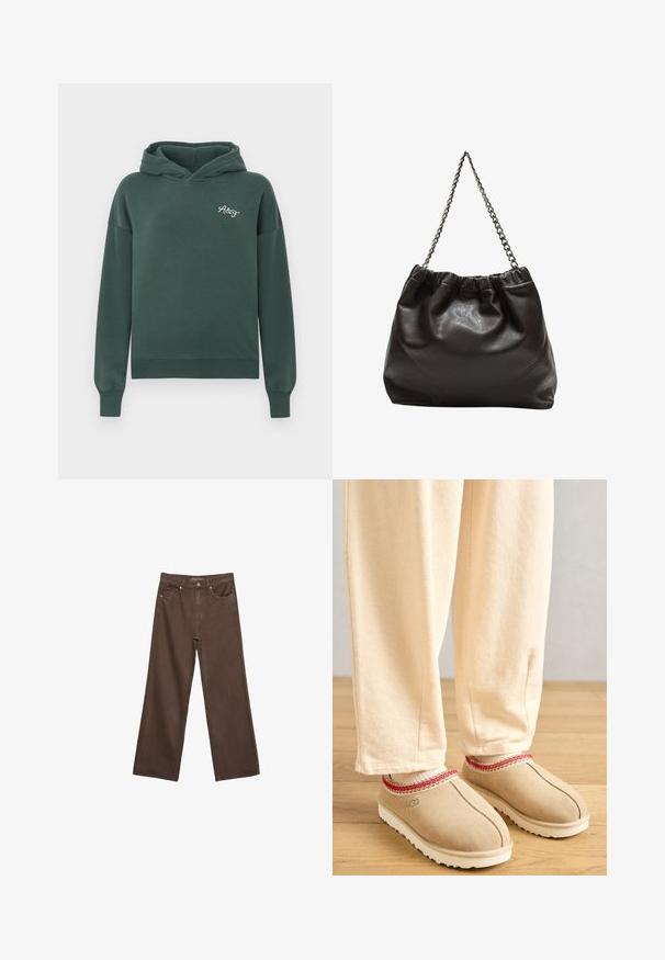 Manteau trench court beige avec fermeture à double boutonnage, épaulettes et boutons noirs. Tissu doux et design ajusté.; Hoodie vert en mélange de coton doux, avec une poche kangourou à l'avant, des poignets côtelés et un petit logo brodé sur la poitrine.; Jean brown à jambes larges en denim, doté d'une taille haute, de poches avant et d'une fermeture à bouton classique. Texture lisse avec des coutures subtiles.; Sabots en suède beige clair avec une bordure décorative rouge et une semelle en caoutchouc blanc, associés à un pantalon beige clair, posés sur un sol en bois.; Sac en cuir marron avec un haut froncé et une bandoulière en chaîne. Texture lisse avec une finition brillante et des coutures subtiles sur les côtés.