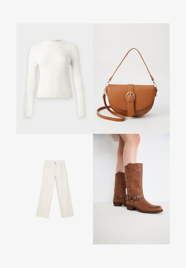 Cappotto tranciato beige con chiusura a doppio petto, spalline sulle spalle e bottoni neri. Tessuto morbido e design sartoriale.; Maglione a maniche lunghe bianco a costine con scollatura a girocollo, dal fit aderente e orlo dritto, esposto su uno sfondo neutro.; Jeans bianchi a gamba larga in denim, con vita alta, tasche anteriori e chiusura con bottone. Design pulito e minimal con pochi dettagli.; Stivaletti in pelle marrone con punta leggermente appuntita, fibbie decorative e tacco basso impilato. Texture liscia con finitura opaca.; Borsa a tracolla in pelle marrone con forma curvata, hardware dorato e un dettaglio con fibbia. Presenta una tracolla rimovibile.
