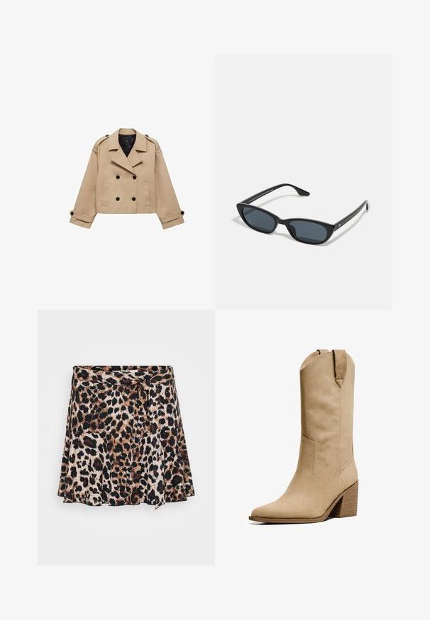Bežna skrajšana trench jakna z dvostranskim gumbom, epauleti na ramenih in črnimi gumbi. Mehka tkanina in kroj, prilagojen postavi.; PULL&BEAR Top - white; Krilo z ovitkom v leopardjem vzorcu, ki ima razširjen dizajn, z odtenki rjave in črne barve na svetlem ozadju. Mehka tkanina z gladko teksturo.; Bershka HIGH-HEEL - Škornji v kavbojskem/motorističnem slogu - beige; Črne mačkaste sončne očala z temnimi lečami, plastičnim okvirjem, ozkimi stebli ter diskretnim logotipom na notranji strani ročaja. Mat zaključna tekstura.; Rjava usnjena torba z ovalnim ročajem, mehko teksturo in zgornjim zadrgo. Brez vidne kovinske opreme ali vzorcev.