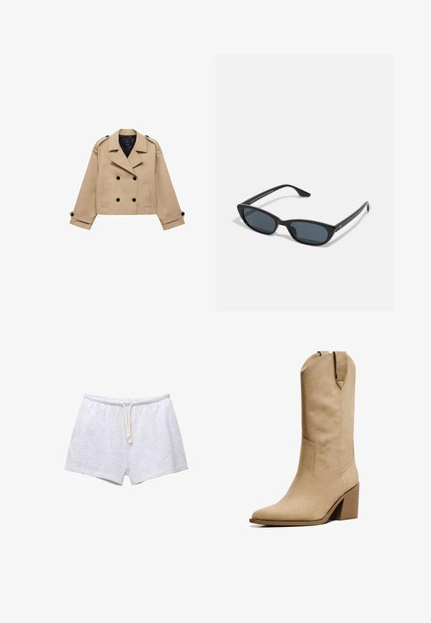 Cappotto tranciato beige con chiusura a doppio petto, spalline sulle spalle e bottoni neri. Tessuto morbido e design sartoriale.; PULL&BEAR Top - white; Pantaloni corti grigi in cotone con vita elastica e cordoncino. Tessuto morbido e design semplice, privo di motivi o dettagli.; Bershka HIGH-HEEL - Stivali texani / biker - beige; Occhiali da sole cat-eye neri con lenti scure, montatura in plastica, stanghette sottili e una leggera marca sulla parte interna del braccio. Finitura opaca.; Borsa a spalla in suede marrone con manico curvo, texture morbida e chiusura con zip superiore. Nessuna cerniera o motivo visibile.