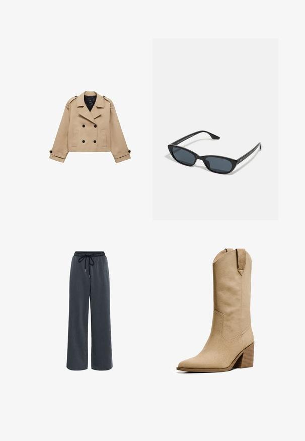 Beige, taillierter Trenchcoat in cropped Länge mit doppelreihiger Knopfleiste, Schulterklappen und schwarzen Knöpfen. Aus weichem Material gefertigt.; PULL&BEAR Top - white; Kaffe NEVIL - Stoffhose - dark grey melange; Bershka HIGH-HEEL - Cowboy-/Bikerboot - beige; Schwarze Cat-Eye-Sonnenbrille mit dunklen Gläsern, Kunststoffrahmen, schlanken Bügeln und dezentem Branding an der inneren Seite des Bügels. Matte Oberflächenstruktur.