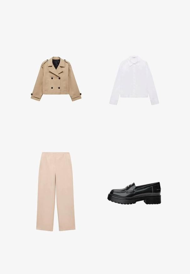 Impermeabil bej scurt, cu închidere cu nasturi dubli, epauleți la umeri și nasturi negri. Material moale și design croit.; Cămașă albă cu mânecă lungă, având un guler clasic, butoniere centrale și material neted, cu o margine ușor scurtată.; Pantaloni largi bej, confecționați dintr-un material neted, cu un față plată, bucle pentru curea și fără modele sau accesorii vizibile.; Loafers din piele lăcuită neagră cu talpă groasă, având o curea decorativă și detalii de cusătură subtile. Textura din cauciuc pe talpa exterioară.