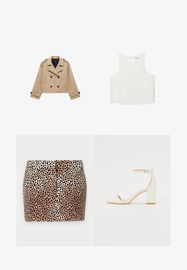 Beige cropped trench coat with double-breasted button closure, shoulder epaulettes, and black buttons. Soft fabric and tailored design.; White sleeveless top with a round neckline, featuring a subtle texture, keyhole back detail, and a straight hemline.; Leopard print skirt with a fitted shape, beige background, and black spots. Features a flat waistband and subtle pleat detail at the back.; White leather block-heel sandal featuring an ankle strap with a buckle and minimalist design. Open toe and smooth textures throughout.