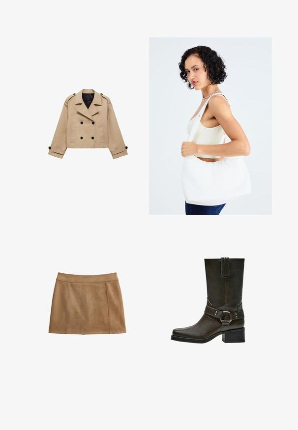 Beige cropped trench coat with double-breasted button closure, shoulder epaulettes, and black buttons. Soft fabric and tailored design.; Brown long-sleeve button-up shirt with white fine vertical stripes and a pointed collar, laid flat on a white background.; Brown suede skirt with a smooth texture, A-line shape, and a waistband. Features stitched seams for added detail.; Brown leather ankle boot with a square toe, short block heel, and decorative buckle strap with silver hardware. Smooth texture, simple design.; White shoulder bag made of smooth material, featuring an oval cutout and wide strap design. Simple and modern with no visible hardware.