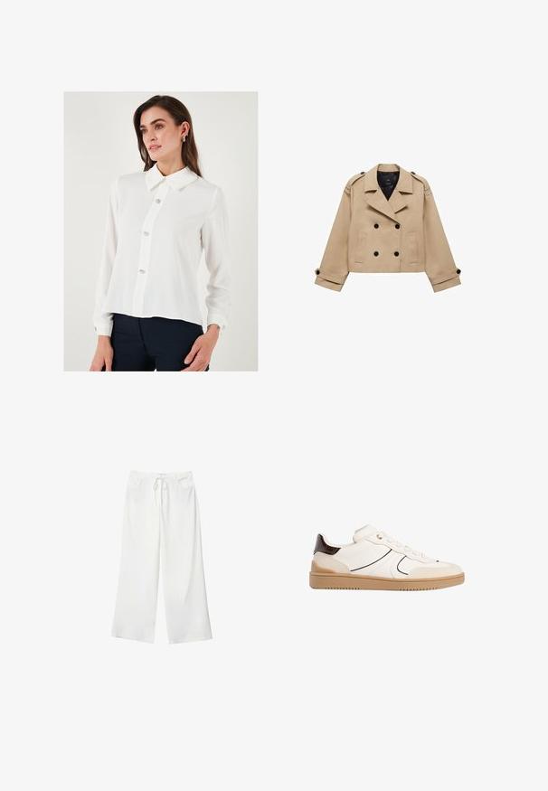 Beige, taillierter Trenchcoat in cropped Länge mit doppelreihiger Knopfleiste, Schulterklappen und schwarzen Knöpfen. Aus weichem Material gefertigt.; Weiße Bluse mit langen Ärmeln und spitzem Kragen, ausgestattet mit fünf dekorativen Knöpfen entlang der Vorderseite und geknöpften Manschetten. Aus glattem, leichtem Stoff.; Weiße, weite Hosen aus weichem Stoff, mit einem Kordelzug in der Taille und zwei vorderen Taschen. Glatte Textur und keine sichtbaren Muster.; Stradivarius Sneaker low - white