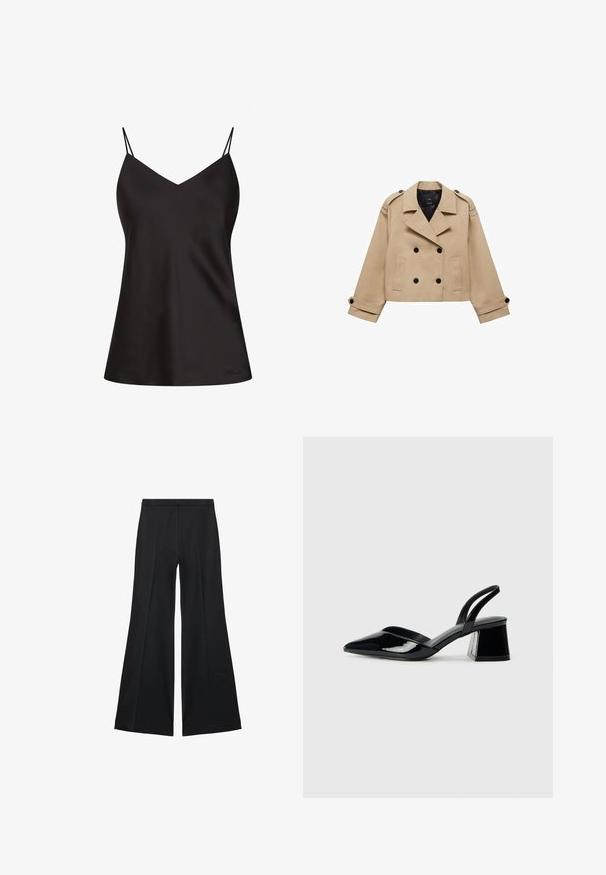 Beige kort trenchcoat med dubbelknappning, axelklaffar och svarta knappar. Mjuk tygkvalitet och skräddarsydd design.; Svart satinkamisol med tunna justerbara band, V-ringning, flödande silhuett och subtil logotypdetalj längst ner till vänster.; Svarta vida byxor med en slät textur, med framfickor och skräddarsydd design. Tyget är lätt och flödande.; Svarta lackläder slingback klackar med spetsig tå och geometrisk klack. Har en elegant, minimalistisk design och slät yta.