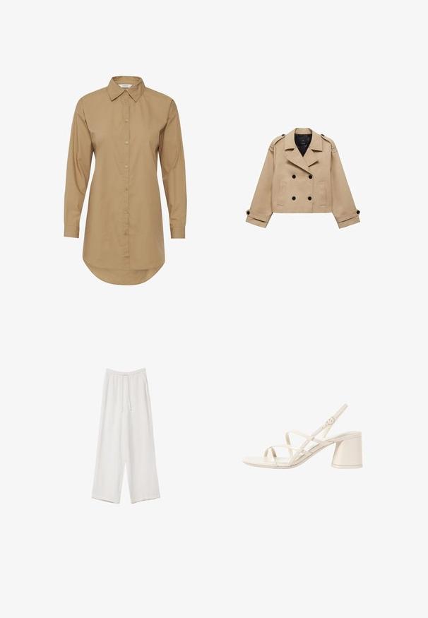 Beige kort trenchcoat med dobbeltknaplukning, skulderklapper og sorte knapper. Blødt stof og skræddersyet design.; Brun langærmet skjorte med spids krave, knaplukning foran og svungen kant. Fremstillet af glat stof og har subtile knapdetaljer.; Hvide bukser med bred benlængde lavet af et letvægtsstof. Har et elastisk talje med snor og sidelommer. Glat tekstur.; Beige hælede sandaler med slanke, krydsende stropper, åben tå og en kvadratisk blokhæle. Glat lakeret finish, justerbar ankelrem.