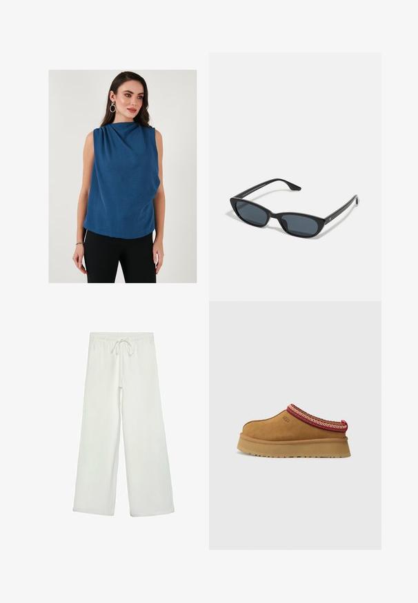 Bežna skrajšana trench jakna z dvostranskim gumbom, epauleti na ramenih in črnimi gumbi. Mehka tkanina in kroj, prilagojen postavi.; Modra brezrokavna majica z drapiranim izrezom in teksturirano tkanino. Silhueta je ohlapna, dopolnjena z črnimi oprijetimi hlačami.; Bele široke hlače iz mehkega blaga. Imajo elastičen pas s vrvico in gladko teksturo. Brez vidnih vzorcev ali kovinskih delov.; Rjavi suede natikači z rdečo in smetano obrobo z vzorcem, teksturiranimi podplati in logotipom UGG na strani. Imajo rahlo povišano platformo.; Črne mačkaste sončne očala z temnimi lečami, plastičnim okvirjem, ozkimi stebli ter diskretnim logotipom na notranji strani ročaja. Mat zaključna tekstura.