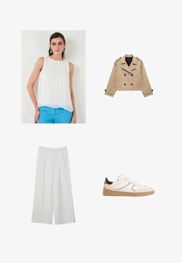 Béžový skrátený trenčkot s dvojradovým zapínaním na gombíky, s ramennými epauletmi a čiernymi gombíkmi. Mäkkučký materiál a prispôsobený strih.; Biela plisovaná bezrukávová blúzka s okrúhlym výstrihom, priesvitnou textúrou a o niečo dlhším predným lemom, skombinovaná s modrými nohavicami.; Biele široké nohavice z ľahkého materiálu s elastickým pásom a šnúrkou na nastavenie veľkosti. Hladká textúra.; Stradivarius Tenisky - white