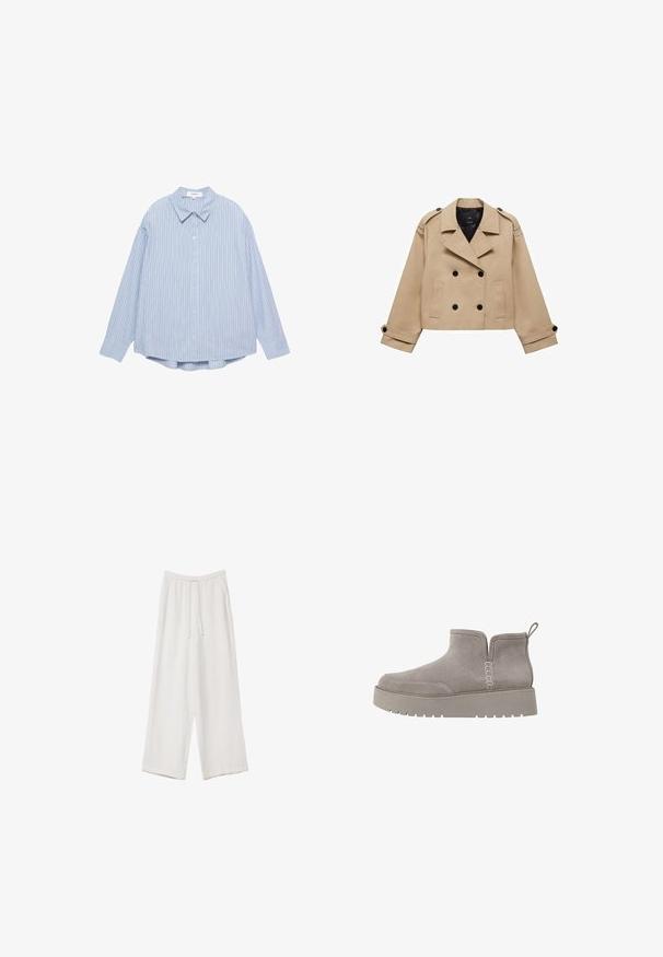Beige, taillierter Trenchcoat in cropped Länge mit doppelreihiger Knopfleiste, Schulterklappen und schwarzen Knöpfen. Aus weichem Material gefertigt.; Hellblau gestreiftes Langarmhemd mit Knopfleiste, klassischem Kragen und abgerundetem Saum. Hergestellt aus gewebtem Stoff mit weicher Textur.; Weiße weit geschnittene Hose aus leichtem Stoff. Mit einem elastischen Bund und Kordelzug sowie Seitentaschen. Glatte Textur.; Grau Wildleder-Ankle-Boot mit niedrigem Profil, elastischen Seitenpaneelen und einer strukturierten Gummisohle. Verfügt über eine Zuglasche für einfaches Anziehen.
