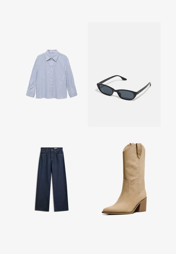 Cappotto tranciato beige con chiusura a doppio petto, spalline sulle spalle e bottoni neri. Tessuto morbido e design sartoriale.; Camicia a righe blu e bianche con colletto, chiusura frontale con bottoni, maniche lunghe e una tasca sul petto. Tessuto liscio e leggero.; Jeans a gamba larga in denim scuro con cinque tasche, cuciture visibili e chiusura con bottone. Presentano una vestibilità dritta e leggere abrasioni.; Bershka HIGH-HEEL - Stivali texani / biker - beige; Occhiali da sole cat-eye neri con lenti scure, montatura in plastica, stanghette sottili e una leggera marca sulla parte interna del braccio. Finitura opaca.; Borsa a spalla in suede marrone con manico curvo, texture morbida e chiusura con zip superiore. Nessuna cerniera o motivo visibile.