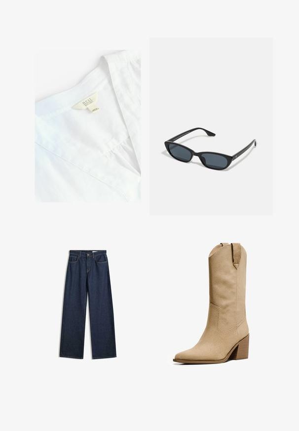 Béžový skrátený trenčkot s dvojradovým zapínaním na gombíky, s ramennými epauletmi a čiernymi gombíkmi. Mäkkučký materiál a prispôsobený strih.; Biela ľanová košeľa s dizajnom do V, so štítkom "next 100% LINEN". Hladký textil, ľahká tkanina, jednoduché detaily šitia.; Džínsy s širokými nohavicami z tmavého denimu, s piatimi vreckami, viditeľným prešívaním a zapínaním na gombík. Majú rovný strih a jemné opotrebenie.; Bershka HIGH-HEEL - Kovbojské/motorkárske čižmy - beige; Čierne mačacie slnečné okuliare s tmavými sklami, plastovým rámom, štíhlymi spolkami a jemným brandingom na vnútornej strane ramena. Matná povrchová úprava.; Hnedá semišová kabelka cez plece s ohnutou rukoväťou, jemnou textúrou a horným zipsom. Žiadne viditeľné kovové prvky ani vzory.