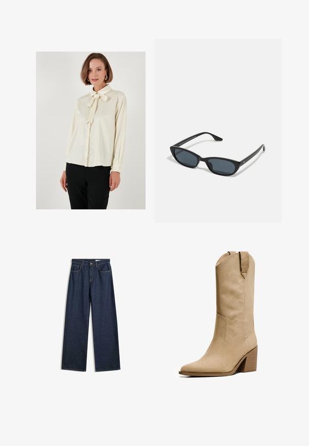 Cappotto tranciato beige con chiusura a doppio petto, spalline sulle spalle e bottoni neri. Tessuto morbido e design sartoriale.; Blusa cremosa con colletto a fiocco, maniche lunghe e polsini con bottoni; trama liscia con vestibilità rilassata; abbinata a pantaloni neri.; Jeans a gamba larga in denim scuro con cinque tasche, cuciture visibili e chiusura con bottone. Presentano una vestibilità dritta e leggere abrasioni.; Bershka HIGH-HEEL - Stivali texani / biker - beige; Occhiali da sole cat-eye neri con lenti scure, montatura in plastica, stanghette sottili e una leggera marca sulla parte interna del braccio. Finitura opaca.; Borsa a spalla in suede marrone con manico curvo, texture morbida e chiusura con zip superiore. Nessuna cerniera o motivo visibile.