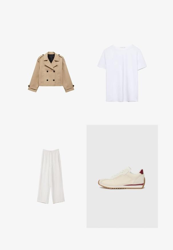 Beige kort trenchcoat med dubbelknappning, axelklaffar och svarta knappar. Mjuk tygkvalitet och skräddarsydd design.; Rakt skuren vit t-shirt med kort ärm och rund Halsringning, visad på en vit bakgrund.; Vita vida byxor i vid passform gjorda av ett lättviktsmaterial. Har en elastisk midja med dragsko och sidofickor. Slät textur.; Vit sneaker med en slät yta, med en vinröd detalj längs sulan och en ojämn gummisula för bra grepp. Minimalistisk design.