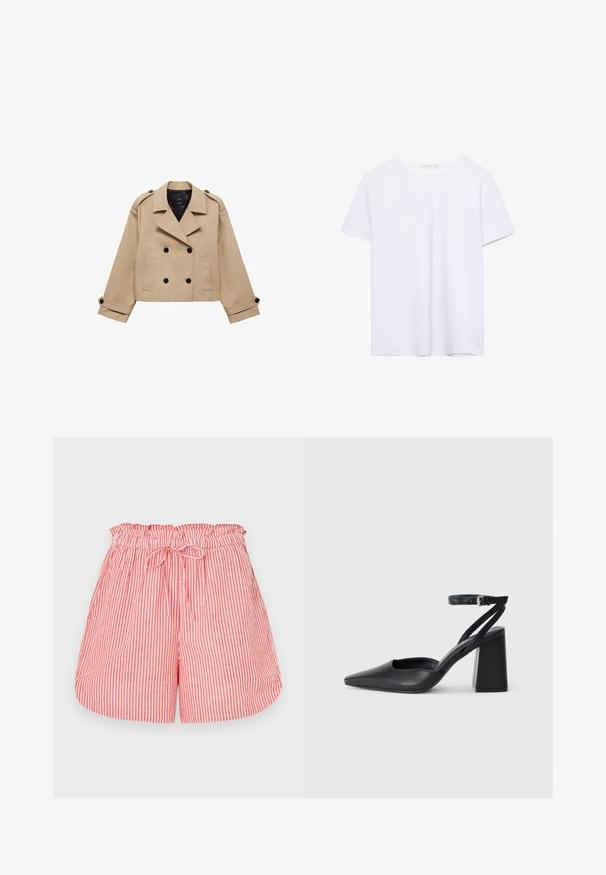 Bežna skrajšana trench jakna z dvostranskim gumbom, epauleti na ramenih in črnimi gumbi. Mehka tkanina in kroj, prilagojen postavi.; Čista bela majica s kratkimi rokavi in okroglim ovratnikom, z ravnim robom, prikazana na beli podlagi.; Rdeče in bele črtaste hlače s elastičnim pasom in vezalko. Imajo sproščen kroj in gladko teksturo.; Črne usnjene klasične čevlje z ostrim nosom, z zaponko za gleženj in debelim peto. Ravna tekstura, eleganten dizajn in minimalistična estetika.