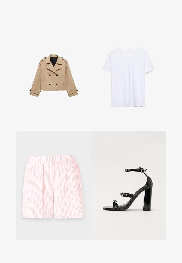 Bežani skraćeni kaput s dvostrukim dugmadi, ramennim epauletama i crnim dugmadi. Mekana tkanina i krojeni dizajn.; Jednostavna bijela majica kratkih rukava s okruglim izrezom i ravnim rubom, prikazana na bijeloj pozadini.; Lagani pamukasti šorts s ružičasto-bijelim vertikalnim prugama, s elastičnom strukom za udobnost i lakše oblačenje.; Crne lakirane sandale na pete sa kvadratnim nosom, trakama oko gležnja i srebrnim kopčama. Imaju čvrst blok petu za stabilnost.