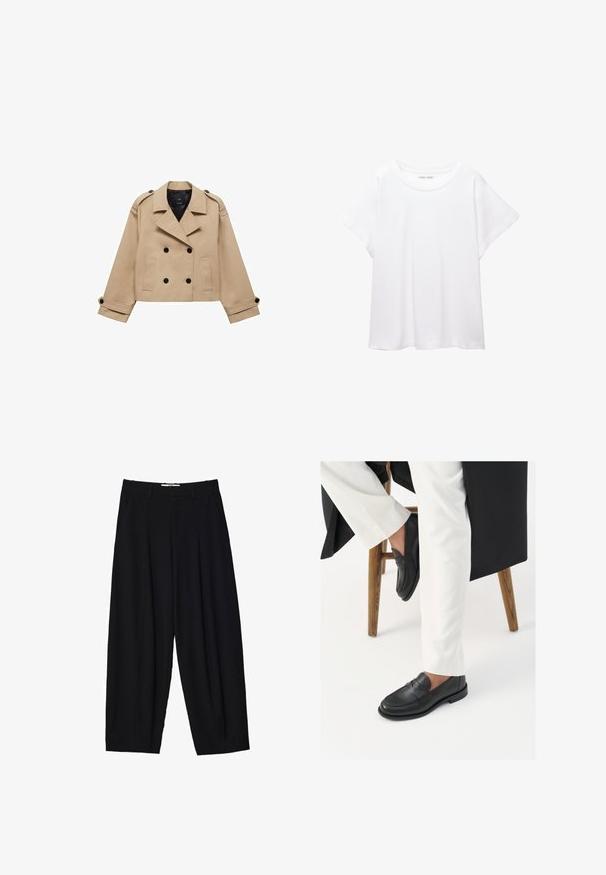 Béžový skrátený trenčkot s dvojradovým zapínaním na gombíky, s ramennými epauletmi a čiernymi gombíkmi. Mäkkučký materiál a prispôsobený strih.; Biele tričko vyrobené z mäkkého, ľahkého materiálu. Má okrúhly výstrih a krátke, široké rukávy s uvoľneným strihom. Bez viditeľných vzorov.; Čierne nohavice širokého strihu z ľahkej textílie, s prednými skladmi, klasickým pásom a bočnými vreckami. Hladká textúra.; Čierne kožené mokasíny s hladkým povrchom a širokým pásikovým detailom, nosené s bielymi elegantnými nohavicami. Podpätok má plochý dizajn.