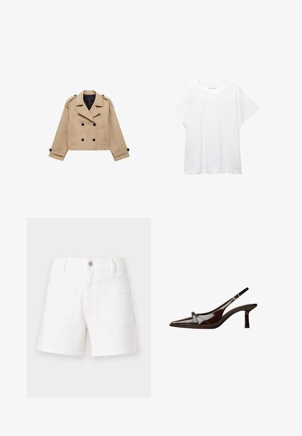 Krémový zkrácený trenčkot s dvouřadým zapínáním na knoflíky, ramenními epauletami a černými knoflíky. Měkká látka a přizpůsobený design.; Bílý tričko vyrobené z měkké, lehké tkaniny. Má kulatý výstřih a krátké, široké rukávy s uvolněným střihem. Bez viditelných vzorů.; Bílé denimové šortky s rovným střihem, obsahující dvě zadní kapsy a kovové zapínání na knoflík. Hladká textura a klasický design.; Hnědé lakované sandály s špičatou špičkou, nízkým podpatkem a dekorativní mašlí na přední části. Hladký, lesklý povrch.