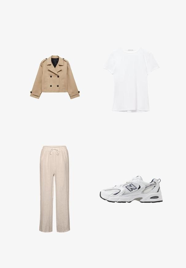 Beige cropped trenchcoat met dubbele knoopsluiting, schouderepauletten en zwarte knopen. Zachte stof en op maat gemaakte uitstraling.; Witte short-sleeve t-shirt van gladde stof, met een ronde halslijn en subtiele stiksels bij de zoom.; Linnen broek in lichtbeige met een elastische tailleband en een trekkoord, met een relaxte pasvorm en rechte pijpen.; Witte sport schoen met mesh bovenkant, marineblauwe accenten en een gehoorzaamde zool. Bevat het "N" logo, veters en een gestructureerde detail aan de zijkant.