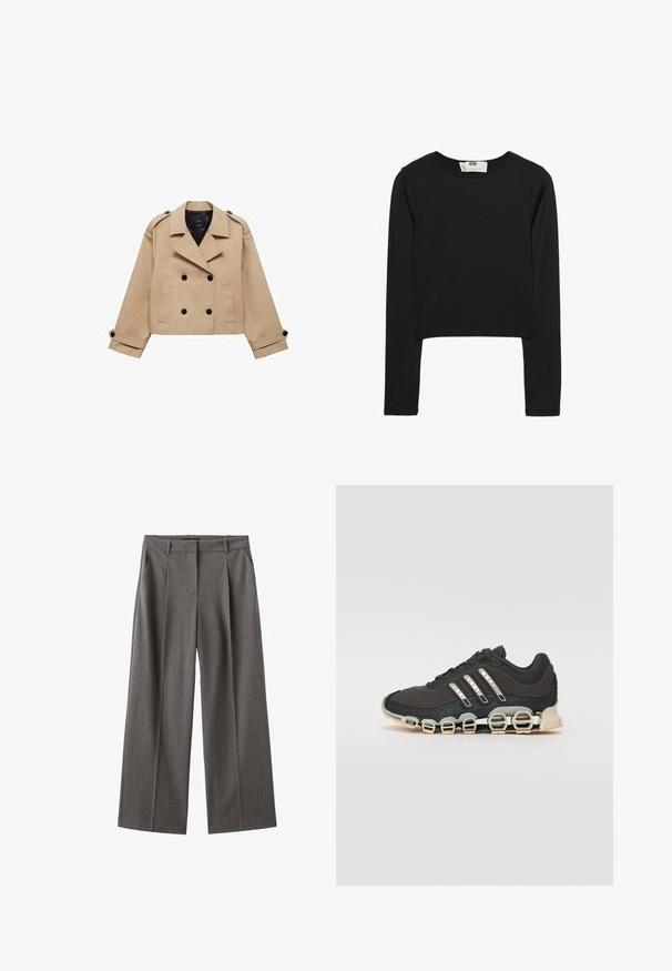 Beige, taillierter Trenchcoat in cropped Länge mit doppelreihiger Knopfleiste, Schulterklappen und schwarzen Knöpfen. Aus weichem Material gefertigt.; Schwarzes Langarm-Crop-Top aus leichtem Stoff, mit rundem Ausschnitt und taillierter Silhouette, sauberen Nähten und ohne Verzierungen.; Graue, weit geschnittene Hosen mit einem Streifenmuster, hoher Taille, Falten und glattem Stoff. Hergestellt aus einem leichten Material.; Schwarzer Sportschuh mit einer strukturierten Oberseite, drei silbernen Streifen und einer markanten Dämpfungssohle mit mehreren integrierten Sektionen.