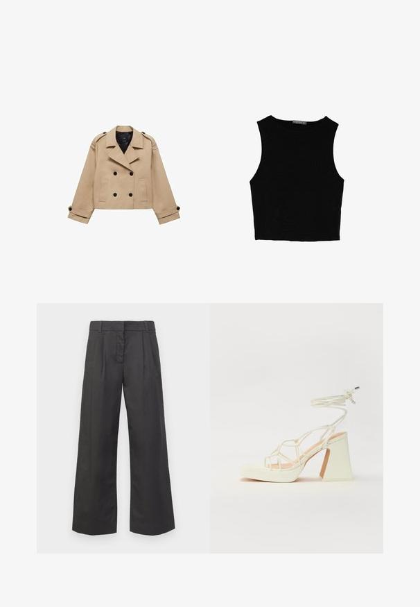 Bežna skrajšana trench jakna z dvostranskim gumbom, epauleti na ramenih in črnimi gumbi. Mehka tkanina in kroj, prilagojen postavi.; Črn brez rokavov crop top, izdelan iz gladkega materiala, z okroglim izrezom in čistim, preprostim dizajnom brez vzorcev ali dodatkov.; Široke hlače iz črne tkanine, z visokim pasom, sprednjimi pregibi in diskretnimi žepi. Gladka tekstura z brezhibnim koncem.; Bela sandala na visokih petah s debelim petam, ki ima obliko trakcev in vezanje okoli gležnja. Gladka tekstura z platformo spredaj za dodatno višino.