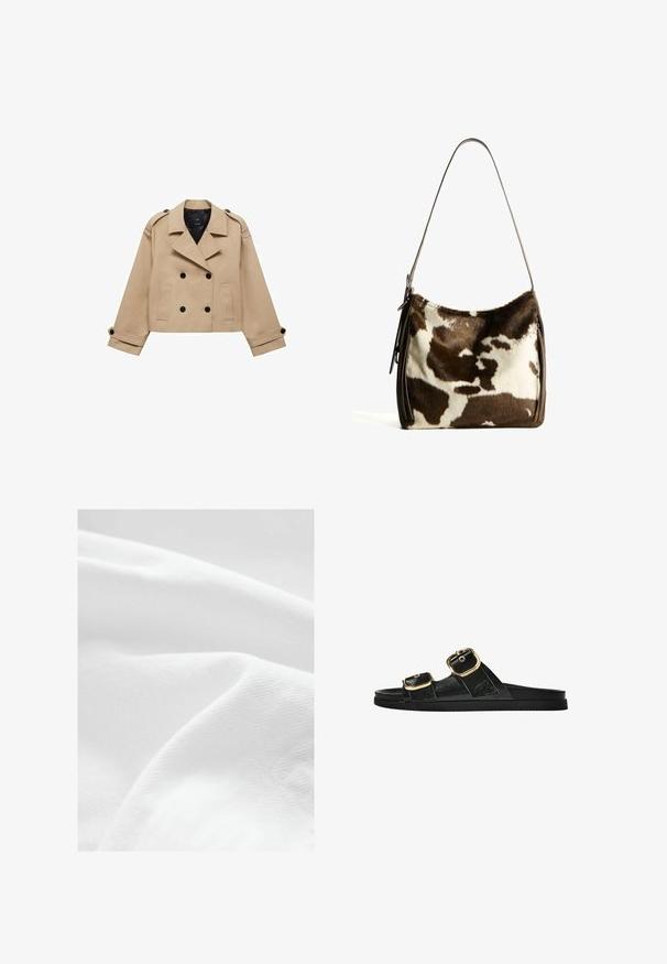 Impermeabil bej scurt, cu închidere cu nasturi dubli, epauleți la umeri și nasturi negri. Material moale și design croit.; Tricou alb din bumbac, cu mânecă scurtă și guler rotund. Design simplu, croială lejeră, textură fină. Nu sunt vizibile modele sau accente.; Țesătură de bumbac alb cu o suprafață netedă, ușor texturată, arătând pliuri și cute delicate. Lumina se reflectă subtil pe țesătură.; Sandalie negre cu toc plat, cu două accente de cataramă aurie, din material texturat neted și design minimalist.; Geantă de umăr din piele de vacă maro și crem, cu o bandă din piele netedă, închidere cu fermoar și o suprafață moale, texturată, cu un model natural.