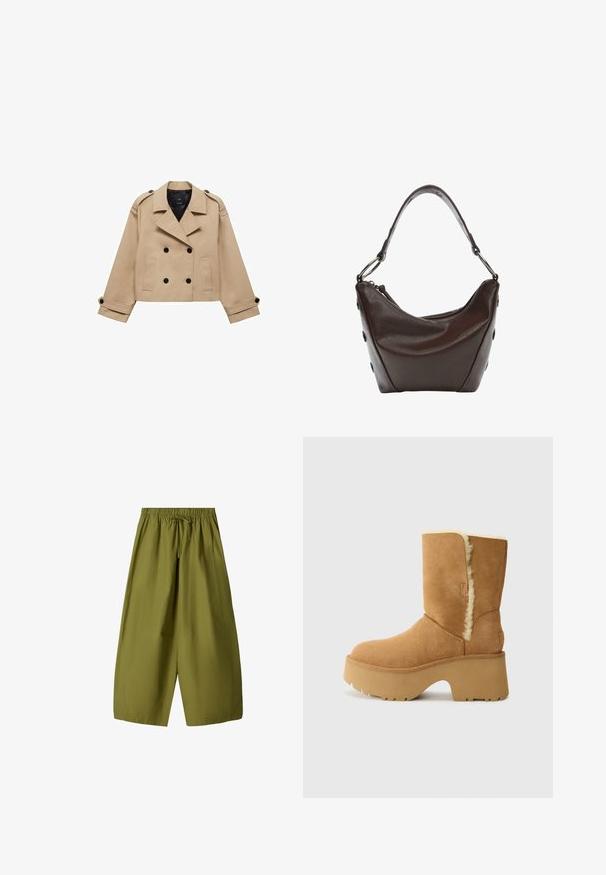 Beżowy krótki płaszcz trencz z podwójnym zapięciem na guziki, epauletami na ramionach i czarnymi guzikami. Miękka tkanina i dopasowany krój.; Koszula flanelowa w czarno-brązowo-zielony kratkowany wzór, z klasycznym kołnierzykiem, zapięciem na guziki oraz dwiema kieszeniami na piersiach z klapkami.; Olive zielone, szerokie spodnie z elastycznym pasem i sznurkiem. Wykonane z lekkiego materiału, wyposażone w dwie boczne kieszenie.; UGG NEW HEIGHTS CUFF koniakowy; Ciemnobrązowa skórzana torebka o zaokrąglonym kształcie, zamykana na zamek błyskawiczny, z krótkim uchwytem. Posiada metalowe elementy i ozdobne czarne guziki po bokach.