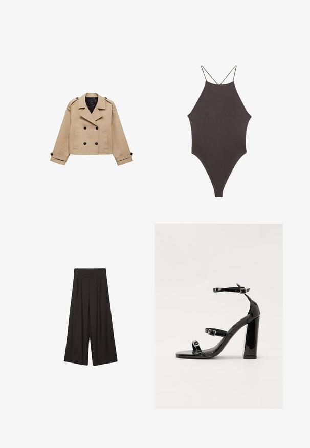 Beżowy krótki płaszcz trencz z podwójnym zapięciem na guziki, epauletami na ramionach i czarnymi guzikami. Miękka tkanina i dopasowany krój.; Brązowy jednoczęściowy kostium kąpielowy z wysokim dekoltem i cienkimi, regulowanymi ramiączkami; charakteryzuje się wysokim krojem nogawek i gładką teksturą. Bez wzorów ani ozdób.; Czarne spodnie szerokie z plisowanym przodem, wykonane z gładkiego materiału. Posiadają wysoki stan i luźny, zwiewny krój.; Czarne lakierowane sandały na obcasie z kwadratowym noskiem, z paskami wokół kostki i srebrnymi klamrami. Posiadają masywny słupek dla stabilności.