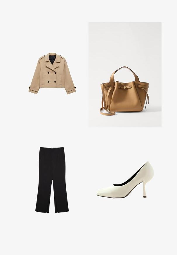 Bežani skraćeni kaput s dvostrukim dugmadi, ramennim epauletama i crnim dugmadi. Mekana tkanina i krojeni dizajn.; Preveliki bijeli pamučni majica s kratkim rukavima, okruglim izrezom i glatkom teksturom. Bez uzoraka ili vidljivih detalja od hardvera.; Crne hlače ravnog kroja, s prednjim džepovima i bočnim prorezima na rubu. Izrađene od mekog i glatkog materijala. Pogodne za razne prigode.; Bijela cipelica na visokom petu s oštrim vrhom, glatkom sjajnom površinom i tankom štiklom. Unutrašnjost ima kontrastnu crnu podstavu.; Tory Burch ROMY PEBBLED SATCHEL - Ručna torba - tiramisu