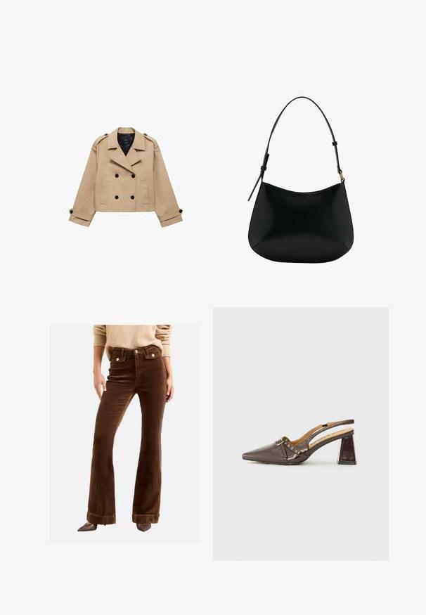 Krémový zkrácený trenčkot s dvouřadým zapínáním na knoflíky, ramenními epauletami a černými knoflíky. Měkká látka a přizpůsobený design.; Hnědé tričko s krátkým rukávem vyrobené z měkké látky, s kulatým výstřihem a volným střihem. Bez viditelných vzorů nebo dekorací.; Hnědé kordové kalhoty do zvonu mají vysoký pas, přední kapsy a zlaté knoflíkové detaily. Materiál má měkkou, rýhovanou texturu.; Hnědé lakované kožené lodičky na klínku se špičatou špičkou, výraznou sponou, malými dekorativními hroty a masivním trojúhelníkovým podpatkem.; Černá kožená taška přes rameno s hladkým povrchem, zakřiveným tvarem a nastavitelným uchem. Má minimální prošívání a jednoduchý design.
