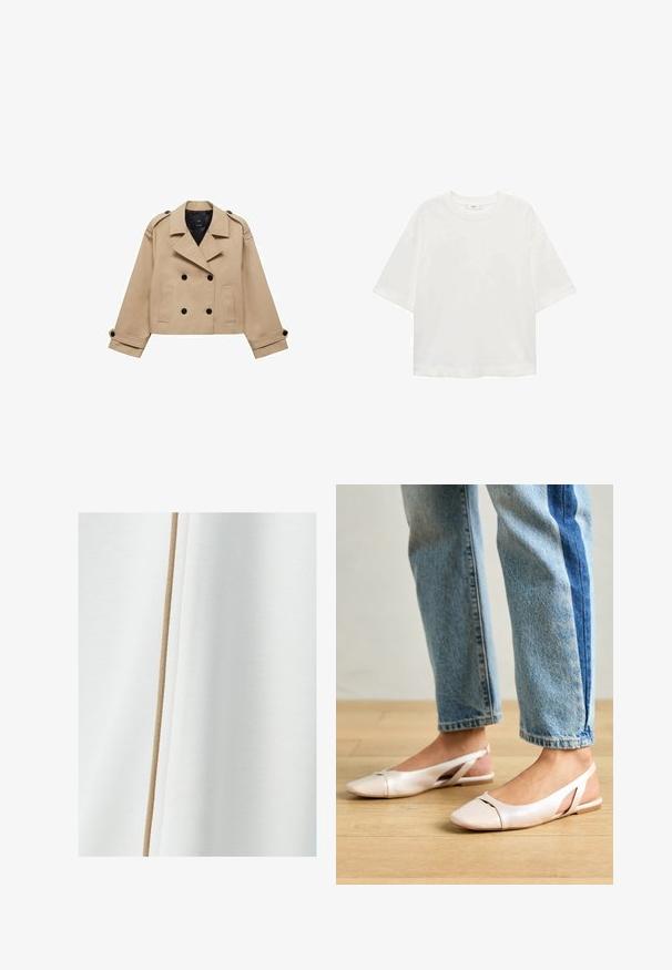 Bežani skraćeni kaput s dvostrukim dugmadi, ramennim epauletama i crnim dugmadi. Mekana tkanina i krojeni dizajn.; Bijela majica kratkih rukava s okruglim izrezom, ležernog kroja, izrađena od mekanog materijala. Bez uzoraka ili dodataka, s klasičnom rubnom završetkom.; Bijela tkanina glatke teksture s bež naglaskom koji se uspravno proteže duž jedne strane.; Svijetlo ružičaste slingback balerinke s šiljastim vrhom, izrađene od glatkog materijala nalik koži. Sadrže izrezane detalje sa strane i ravnu petu.