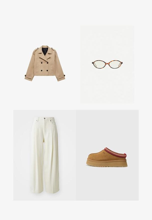 Krémový zkrácený trenčkot s dvouřadým zapínáním na knoflíky, ramenními epauletami a černými knoflíky. Měkká látka a přizpůsobený design.; Hnědý bezrukávový body s čtvercovým výstřihem, vyrobený z měkkého materiálu. Obsahuje patentku na spodním okraji a má přiléhavý střih.; Kalhoty s širokými nohavicemi z jemné off-white tkaniny s vysokým pasem, dvěma předními kapsami a klasickým zapínáním na knoflík. Hladká textura bez vzorů.; Hnědé semišové slip-on boty s červeným a krémovým vzorovaným lemem, texturovanou podrážkou a logem UGG po straně. Obsahují mírnou výšku platformy.; Želvovinové brýle s oválnými čočkami a hladkým, jemným povrchem. Má tenké bočnice s jemným zakřivením v chrámcích. Čiré čočky.; Béžová kožená kabelka s tmavým lemem, zakřiveným tvarem, zlatým kováním a odnímatelným popruhem, držena po boku proti tmavému oblečení.