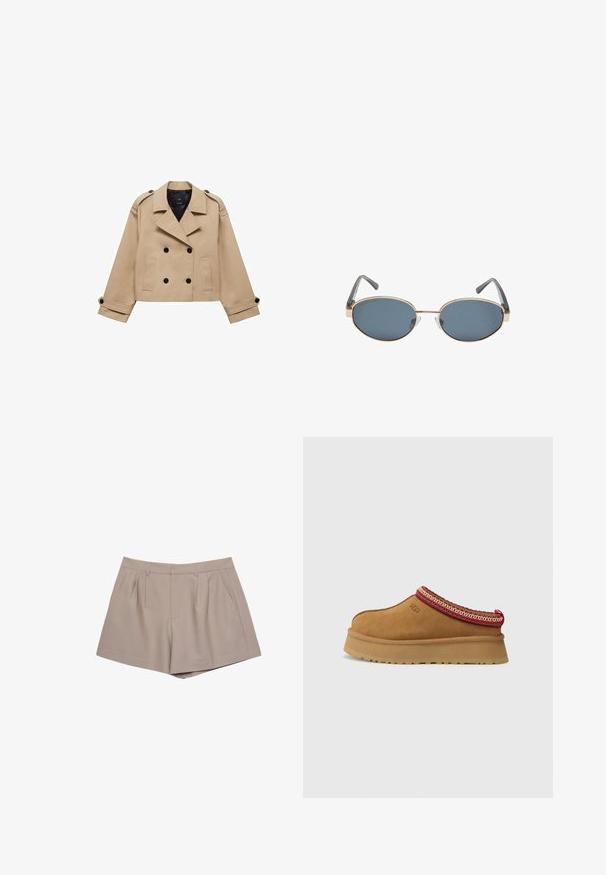 Beżowy krótki płaszcz trencz z podwójnym zapięciem na guziki, epauletami na ramionach i czarnymi guzikami. Miękka tkanina i dopasowany krój.; Brązowy bezrękawnik z kwadratowym dekoltem, wykonany z miękkiej tkaniny. Posiada zapięcie na zatrzask u dołu oraz dopasowany krój.; Beżowe, taliowane szorty z wysokim stanem, z paskiem, fałdami z przodu i kieszeniami bocznymi, prezentowane na białym tle.; Brązowy zamszowy but wsuwany z czerwono-kremowym ozdobnym wykończeniem, teksturowaną podeszwą i logo UGG z boku. Posiada lekko podwyższone podłoże.; Owalne okulary przeciwsłoneczne z ciemnymi soczewkami, złotymi metalowymi oprawkami i szarymi zausznikami. Oprawki charakteryzują się minimalistycznym designem z delikatnym akcentem na moście.