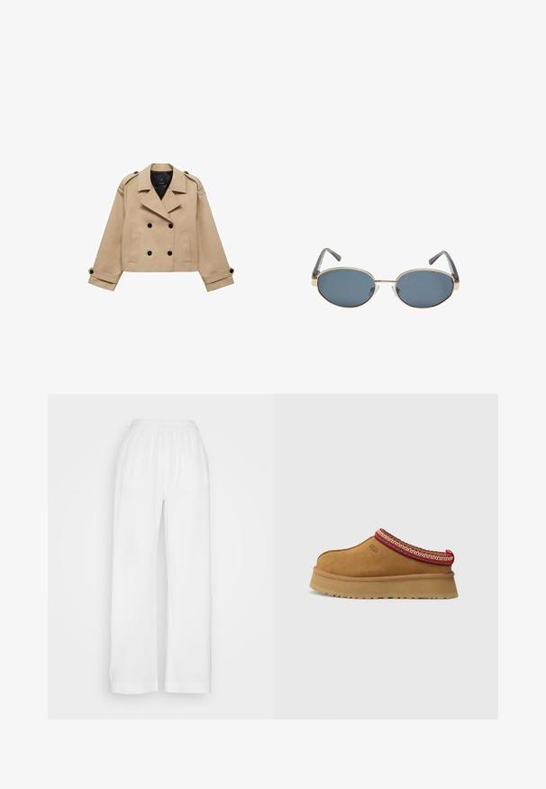 Manteau trench court beige avec fermeture à double boutonnage, épaulettes et boutons noirs. Tissu doux et design ajusté.; Bodysuit sans manches marron avec un col carré, fabriqué en tissu doux. Comprend une fermeture à pression en bas et une silhouette ajustée.; Pantalons blancs à jambes larges, confectionnés dans un tissu léger et texturé, avec une taille élastique. Présentent une coupe ample avec des jambes droites et sans poches.; Chaussure slip-on en daim marron avec un bord en rouge et crème à motifs, semelle texturée et logo UGG sur le côté. Présente une légère hauteur de plateforme.; Lunettes de soleil ovales avec verres foncés, monture en métal doré et branches grises. Les montures présentent un design minimal avec un accent subtil sur le pont.
