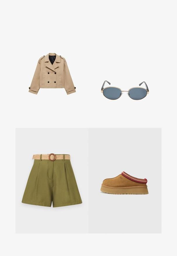 Béžový skrátený trenčkot s dvojradovým zapínaním na gombíky, s ramennými epauletmi a čiernymi gombíkmi. Mäkkučký materiál a prispôsobený strih.; Hnedý bezramienkový body s hranatým výstrihom, vyrobený z mäkkej látky. Obsahuje zapínanie na patentky na spodnej časti a priliehavý strih.; Olivové zelené šortky s záhybmi, s tkaným slamenným opaskom a drevenou prackou. Hladká štruktúra, strihaný dizajn s čistými líniami.; Hnedá semišová obuv na slip-on s červeným a krémovým vzorovaným lemovaním, textúrovanou podrážkou a logom UGG na boku. Obsahuje mierne zvýšenú platformu.; Oválne slnečné okuliare s tmavými sklami, zlatými kovovými rámami a sivými stranami. Rámy majú minimalistický dizajn so subtílnym akcentom mostíka.