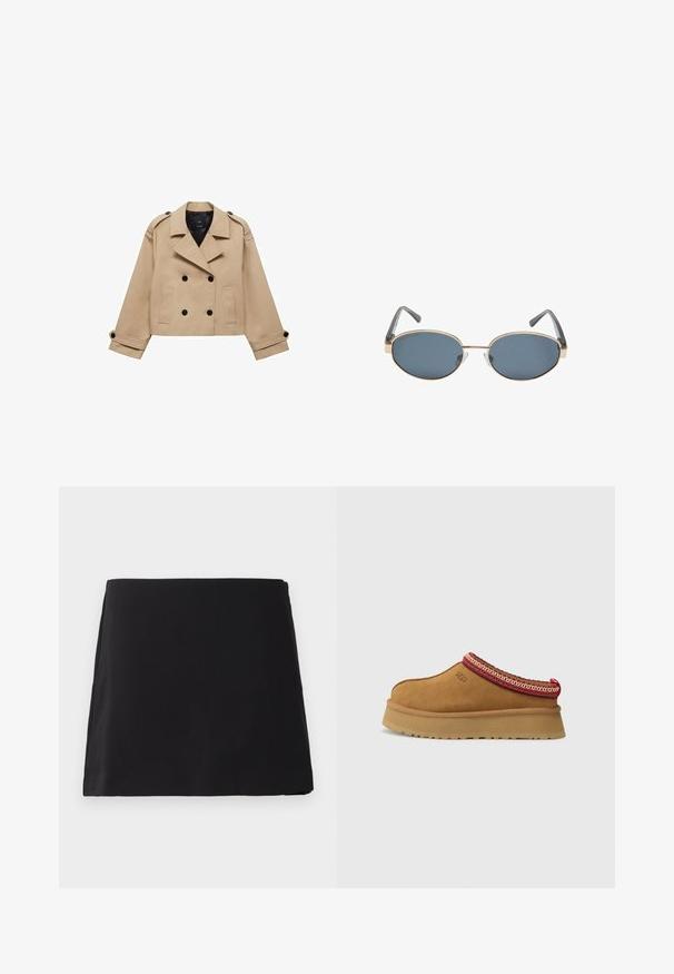 Beige, taillierter Trenchcoat in cropped Länge mit doppelreihiger Knopfleiste, Schulterklappen und schwarzen Knöpfen. Aus weichem Material gefertigt.; Brauner schulterfreier Body mit quadratischem Ausschnitt, aus weichem Stoff gefertigt. Verfügt über einen Druckknopfverschluss am Boden und eine taillierte Silhouette.; Schwarzer, gerade geschnittener Minirock mit glatter Textur, flach auf einem weißen Hintergrund präsentiert.; Braune Wildleder-Slipper mit rot-creamfarbenem gemusterten Besatz, strukturiertem Absatz und UGG-Logo an der Seite. Verfügt über eine leichte Plattformhöhe.; Eckige Sonnenbrille mit dunklen Gläsern, goldenen Metallrahmen und grauen Bügeln. Die Rahmen zeichnen sich durch ein minimalistisches Design mit einem dezenten Brückenakzent aus.; Geflochtene braune Handtasche mit einem abgerundeten Griff, aus weichem Leder gefertigt. Verfügt über einen Reißverschluss und ein filigranes Korbmuster.