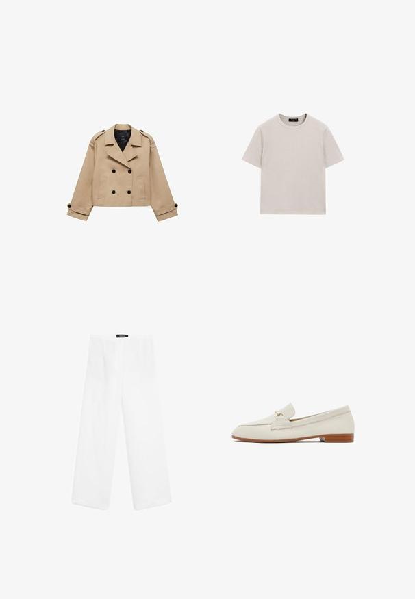 Manteau trench court beige avec fermeture à double boutonnage, épaulettes et boutons noirs. Tissu doux et design ajusté.; T-shirt en coton gris clair à manches courtes, avec un col rond et une coupe décontractée. Présente des coutures minimales et aucun motif ni accent visible.; Pantalons larges en lin blanc avec une texture lisse, dotés d'une taille mi-haute, de deux poches avant et d'un design simple.; Mocassins en cuir crème avec une semelle plate marron. Présente un rabat à l'avant et un petit accent doré sur le côté. Texture lisse, design minimal.