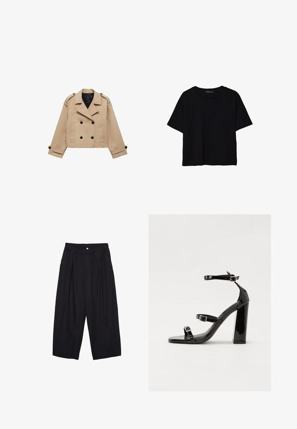 Bežna skrajšana trench jakna z dvostranskim gumbom, epauleti na ramenih in črnimi gumbi. Mehka tkanina in kroj, prilagojen postavi.; Črna kratkotrajna majica brez rokavov iz bombaža. Ima okroglo ovratnico in sproščen kroj z gladko, enostavno teksturo. Brez vidnih vzorcev ali dodatkov.; Črne poliesterske culotte hlače z elastičnim pasom, dvema sprednjima nabiranjema in ohlapnim krojem. Brez vidnih vzorcev ali kovinskih detajlov.; Črne lakirane sandale s peto, kvadratnim prstom, trakovi okrog gležnja in srebrnimi zaponkami. Opremljene so s stabilno Debelo peto.