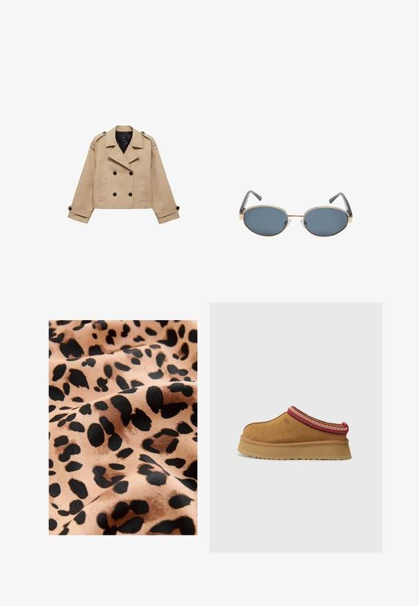 Krémový zkrácený trenčkot s dvouřadým zapínáním na knoflíky, ramenními epauletami a černými knoflíky. Měkká látka a přizpůsobený design.; Bílý krátký rukáv tričko vyrobené z bavlny. Má kulatý výstřih a volný střih. Hladký materiál bez viditelných vzorů nebo akcentů.; Tkanina s leopardským potiskem, která má velké černé skvrny na béžovém pozadí, s hladkou saténovou texturou a plynulým vzhledem.; Hnědé semišové slip-on boty s červeným a krémovým vzorovaným lemem, texturovanou podrážkou a logem UGG po straně. Obsahují mírnou výšku platformy.; Oválné sluneční brýle s tmavými čočkami, zlatými kovovými obroučkami a šedými ramínky. Obroučky mají minimalistický design s jemným akcentem na můstku.