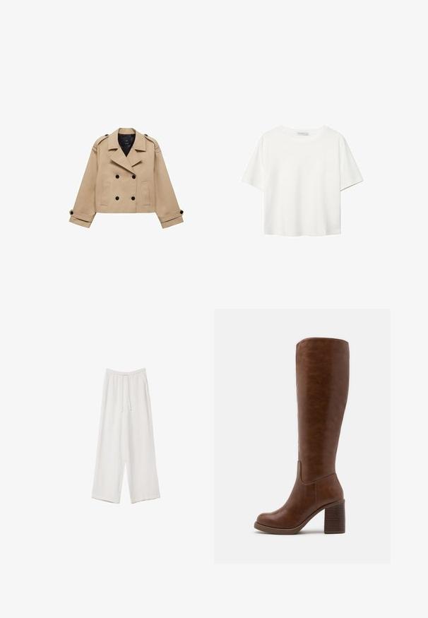 Bežna skrajšana trench jakna z dvostranskim gumbom, epauleti na ramenih in črnimi gumbi. Mehka tkanina in kroj, prilagojen postavi.; Bela kratka majica s kratkimi rokavi iz bombaža. Ima okroglo izrezovanje in sproščen kroj. Gladka tekstura brez vidnih vzorcev ali poudarkov.; Bele široke hlače iz lahkega materiala. Imajo elastičen pas s vrvico in stranske žepe. Gladka tekstura.; Rjave čizme do kolen, izdelane iz gladkega umetnega usnja, z zaobljenim prstom, blokastim peto z navpičnimi utori in minimalističnim dizajnom.