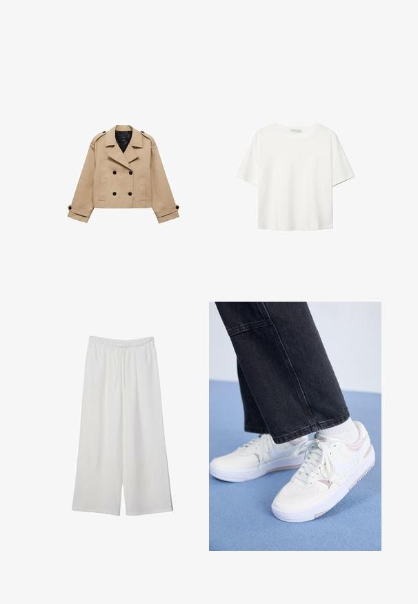Krémový zkrácený trenčkot s dvouřadým zapínáním na knoflíky, ramenními epauletami a černými knoflíky. Měkká látka a přizpůsobený design.; Bílý krátký rukáv tričko vyrobené z bavlny. Má kulatý výstřih a volný střih. Hladký materiál bez viditelných vzorů nebo akcentů.; Bílé kalhoty s širokými nohavicemi vyrobené z lehké tkaniny, s elastickým pasem a stahovací šňůrkou pro nastavitelnou velikost. Hladká textura.; Bílé tenisky s růžovými akcenty, hladký kožený svršek, kulatá špička a šněrování, spárované s černými denimovými kalhotami, odpočívající na modrém povrchu.