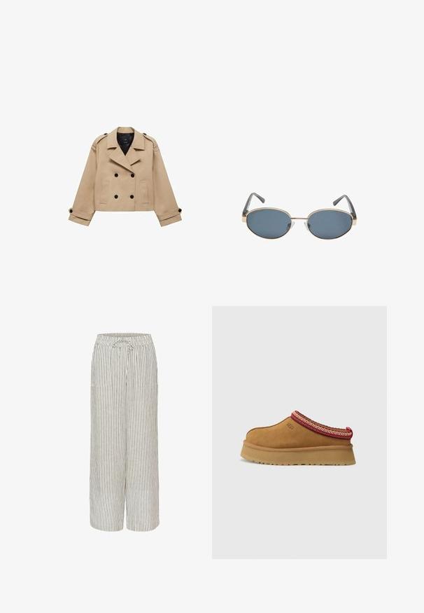 Bežna skrajšana trench jakna z dvostranskim gumbom, epauleti na ramenih in črnimi gumbi. Mehka tkanina in kroj, prilagojen postavi.; Bela kratka majica s kratkimi rokavi iz bombaža. Ima okroglo izrezovanje in sproščen kroj. Gladka tekstura brez vidnih vzorcev ali poudarkov.; Hlače širokih nogavic iz mešanice lanenega materiala s črtastim vzorcem v bež in sivi barvi. Imajo elastičen pas s vrvico in dva sprednja žepa.; Rjavi suede natikači z rdečo in smetano obrobo z vzorcem, teksturiranimi podplati in logotipom UGG na strani. Imajo rahlo povišano platformo.; Ovalne sončna očala z temnimi lečami, zlatimi kovinskimi okvirji in sivimi ročaji. Okvirji se ponašajo z minimalističnim dizajnom in subtilnim poudarkom na mostičku.