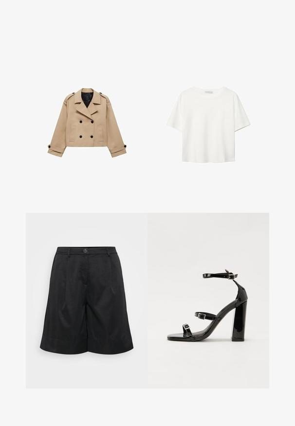 Béžový skrátený trenčkot s dvojradovým zapínaním na gombíky, s ramennými epauletmi a čiernymi gombíkmi. Mäkkučký materiál a prispôsobený strih.; Biela krátkopsová tričko vyrobené z bavlny. Má okrúhly výstrih a voľný strih. Hladká textúra bez viditeľných vzorov alebo akcentov.; Čierne šortky z textúrovanej látky, s predným zapínaním na gombík, so záhybmi, manžetou a bočnými vreckami.; Čierne lakované sandále na podpätku so štvorcovou špičkou, navlečenými remienkami okolo členku a striebornými prackami. Disponujú masívnym blokovým podpätkom pre stabilitu.