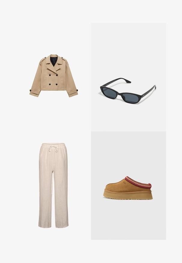Bežna skrajšana trench jakna z dvostranskim gumbom, epauleti na ramenih in črnimi gumbi. Mehka tkanina in kroj, prilagojen postavi.; Bela kratka majica s kratkimi rokavi iz bombaža. Ima okroglo izrezovanje in sproščen kroj. Gladka tekstura brez vidnih vzorcev ali poudarkov.; Linen hlače v svetlo bež barvi z elastičnim pasom in vrvico, ki imajo sproščen kroj in ravne hlačnice.; Rjavi suede natikači z rdečo in smetano obrobo z vzorcem, teksturiranimi podplati in logotipom UGG na strani. Imajo rahlo povišano platformo.; Črne mačkaste sončne očala z temnimi lečami, plastičnim okvirjem, ozkimi stebli ter diskretnim logotipom na notranji strani ročaja. Mat zaključna tekstura.; Rjava usnjena torba z ovalnim ročajem, mehko teksturo in zgornjim zadrgo. Brez vidne kovinske opreme ali vzorcev.
