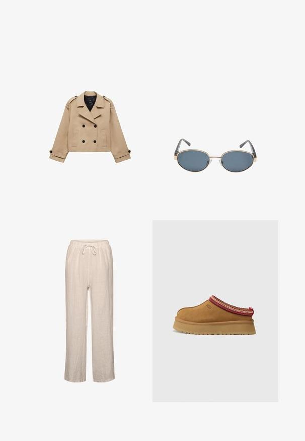 Beżowy krótki płaszcz trencz z podwójnym zapięciem na guziki, epauletami na ramionach i czarnymi guzikami. Miękka tkanina i dopasowany krój.; Biała koszulka z krótkim rękawem, wykonana z bawełny. Posiada okrągły dekolt i luźny krój. Gładka faktura bez widocznych wzorów czy akcentów.; Lnianowe spodnie w jasnym beżu z elastycznym pasem i sznurkiem, charakteryzujące się luźnym krojem i prostymi nogawkami.; Brązowy zamszowy but wsuwany z czerwono-kremowym ozdobnym wykończeniem, teksturowaną podeszwą i logo UGG z boku. Posiada lekko podwyższone podłoże.; Owalne okulary przeciwsłoneczne z ciemnymi soczewkami, złotymi metalowymi oprawkami i szarymi zausznikami. Oprawki charakteryzują się minimalistycznym designem z delikatnym akcentem na moście.; Brązowa torebka ze skóry z fakturą o strukturalnym kształcie, z uchwytami u góry i złotymi akcentami. Posiada zapięcie z przodu i minimalistyczny design.
