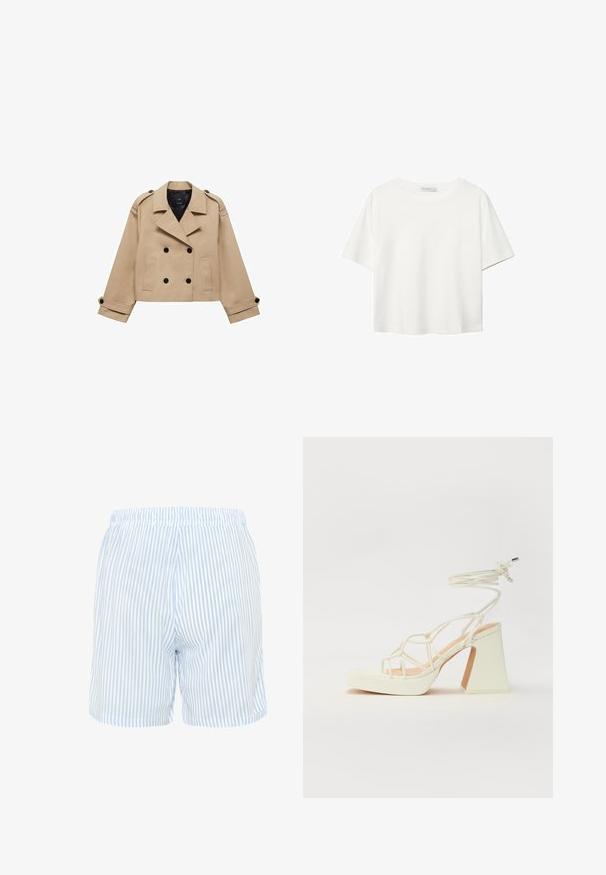 Bežna skrajšana trench jakna z dvostranskim gumbom, epauleti na ramenih in črnimi gumbi. Mehka tkanina in kroj, prilagojen postavi.; Bela kratka majica s kratkimi rokavi iz bombaža. Ima okroglo izrezovanje in sproščen kroj. Gladka tekstura brez vidnih vzorcev ali poudarkov.; Pasi z dvojnimi črtami v svetlo modri in beli barvi, izdelani iz tkanine. Imajo elastico na pasu in sproščen kroj, z stranskimi žepi.; Bela sandala na visokih petah s debelim petam, ki ima obliko trakcev in vezanje okoli gležnja. Gladka tekstura z platformo spredaj za dodatno višino.