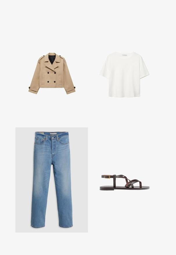 Bežani skraćeni kaput s dvostrukim dugmadi, ramennim epauletama i crnim dugmadi. Mekana tkanina i krojeni dizajn.; Bijela majica kratkih rukava od pamuka. Ima okrugli izrez i opušteni kroj. Glatka tekstura bez vidljivih uzoraka ili naglasaka.; Svijetloplave traperice ravnog kroja s prednjim džepovima, petljama za remen i kopčanjem na gumb, postavljene na jednobojnoj pozadini.; Smeđe kožne sandale s iskrižanim trakama, umetkom za zapešće s kopčanjem i ravnim potplatom s minimalnim detaljima šivanja.