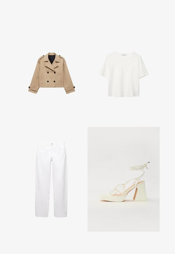 Bežani skraćeni kaput s dvostrukim dugmadi, ramennim epauletama i crnim dugmadi. Mekana tkanina i krojeni dizajn.; Bijela majica kratkih rukava od pamuka. Ima okrugli izrez i opušteni kroj. Glatka tekstura bez vidljivih uzoraka ili naglasaka.; Bijele traperice od denima s ravnim nogavicama, s prednjim džepovima, petljama za pojas i zatvaranjem na gumb. Glatka tekstura, klasičan stil.; Bijela sandala na visokoj potpetici s debelim petom, s remenom i vezanjem oko gležnja. Glatka tekstura s platformom sprijeda za dodatnu visinu.